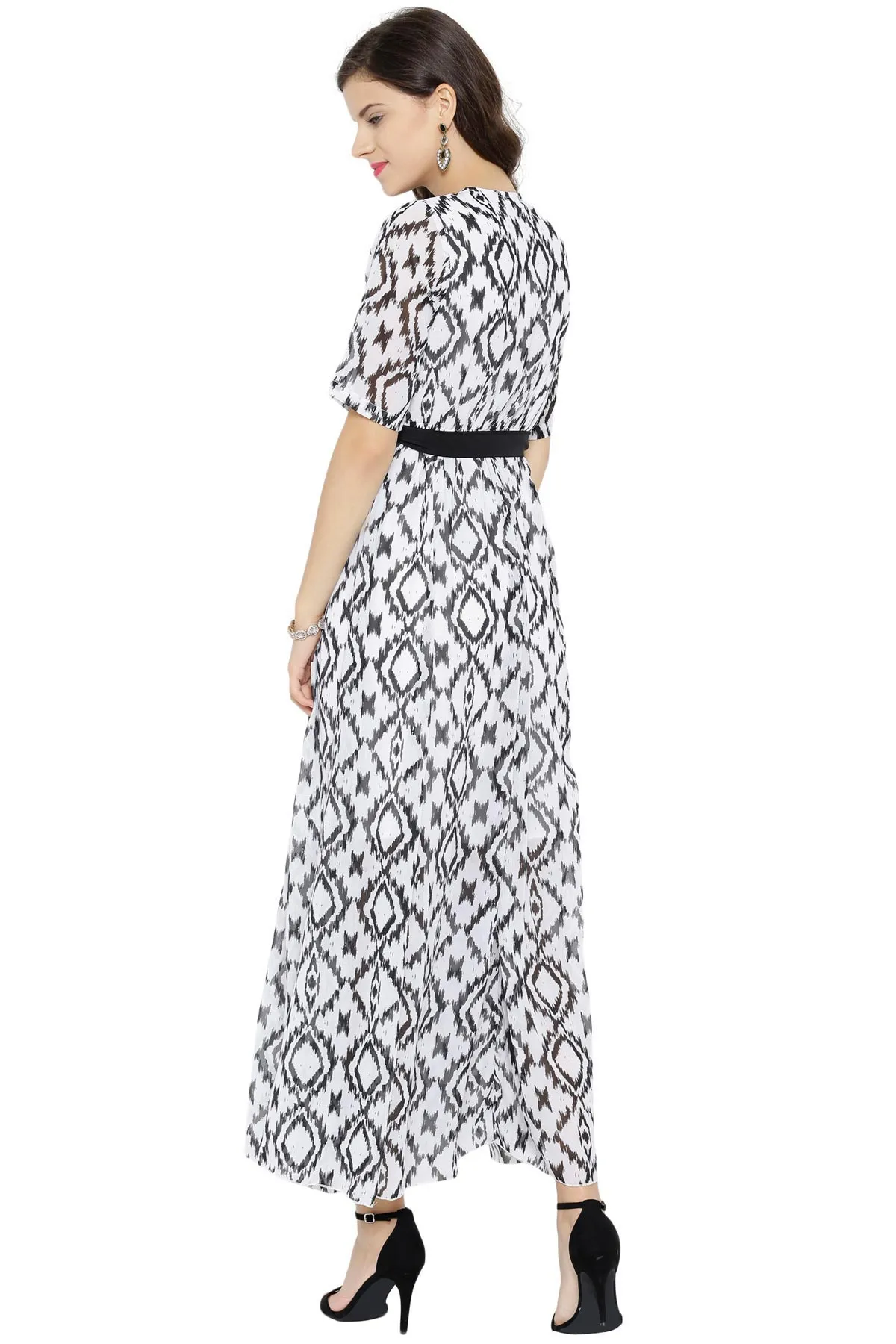 Black Ikkat Belted Maxi Dress