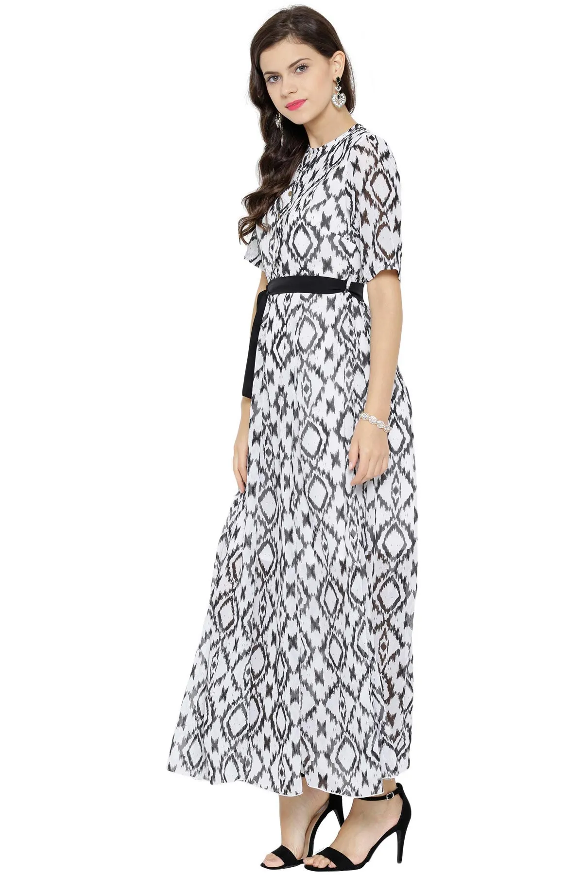 Black Ikkat Belted Maxi Dress