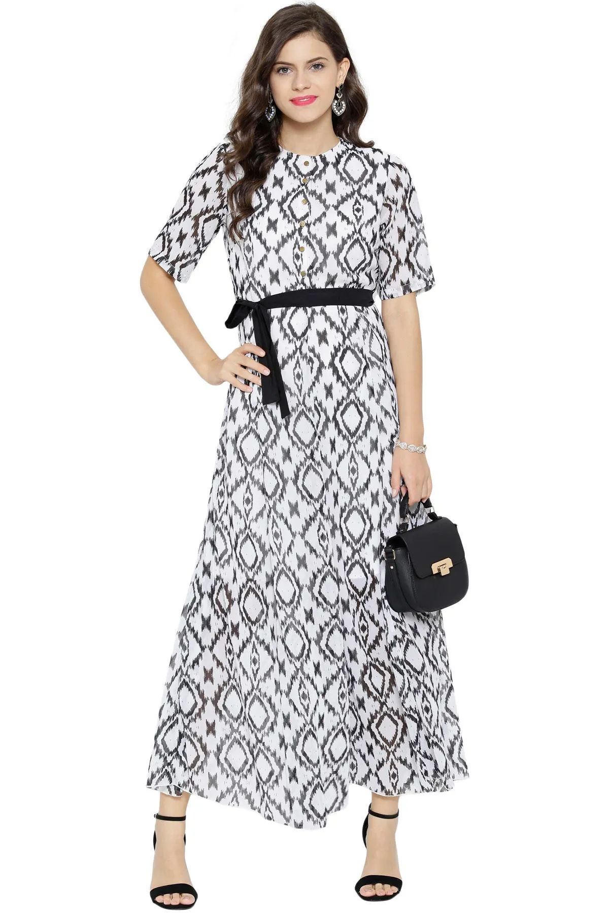 Black Ikkat Belted Maxi Dress