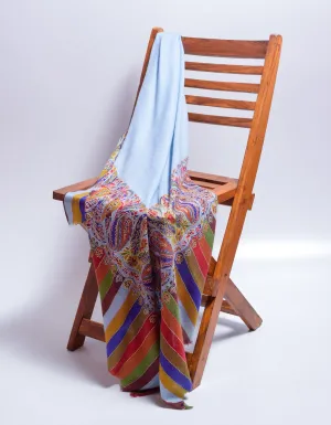 Cloudy Blue Kani Pattern Handwoven Detailed Embroidered Cashmere Pashmina Shawl