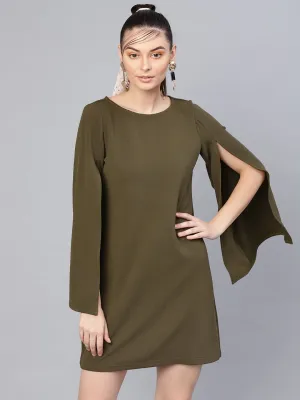 Olive Cape Sleeves Shift Dress