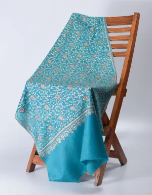 Teal Blue Handwoven Sozni Jaali Embroidered Cashmere Pashmina Stole